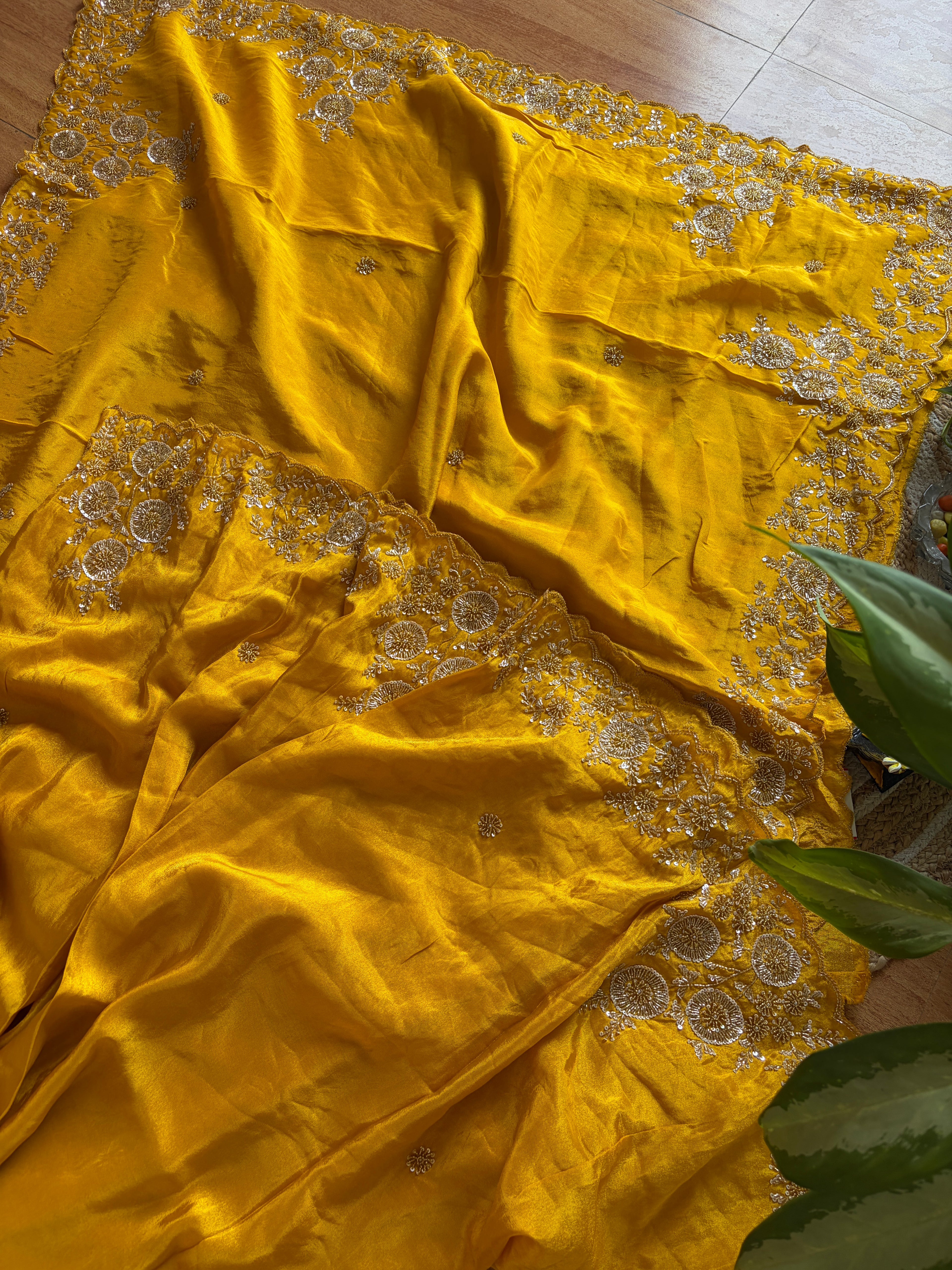 Pure Tissue Zardosi Handwork - Yellow