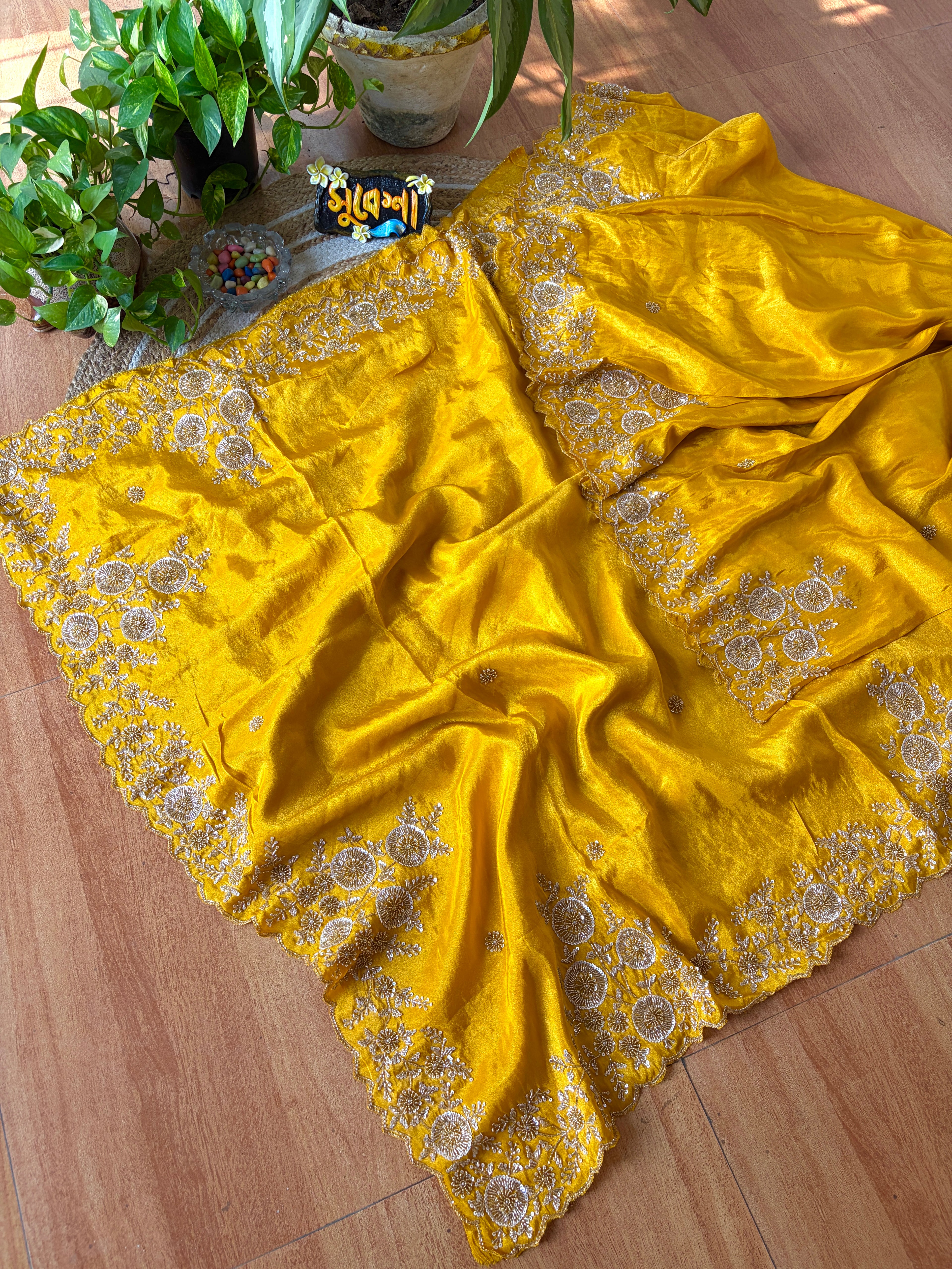 Pure Tissue Zardosi Handwork - Yellow