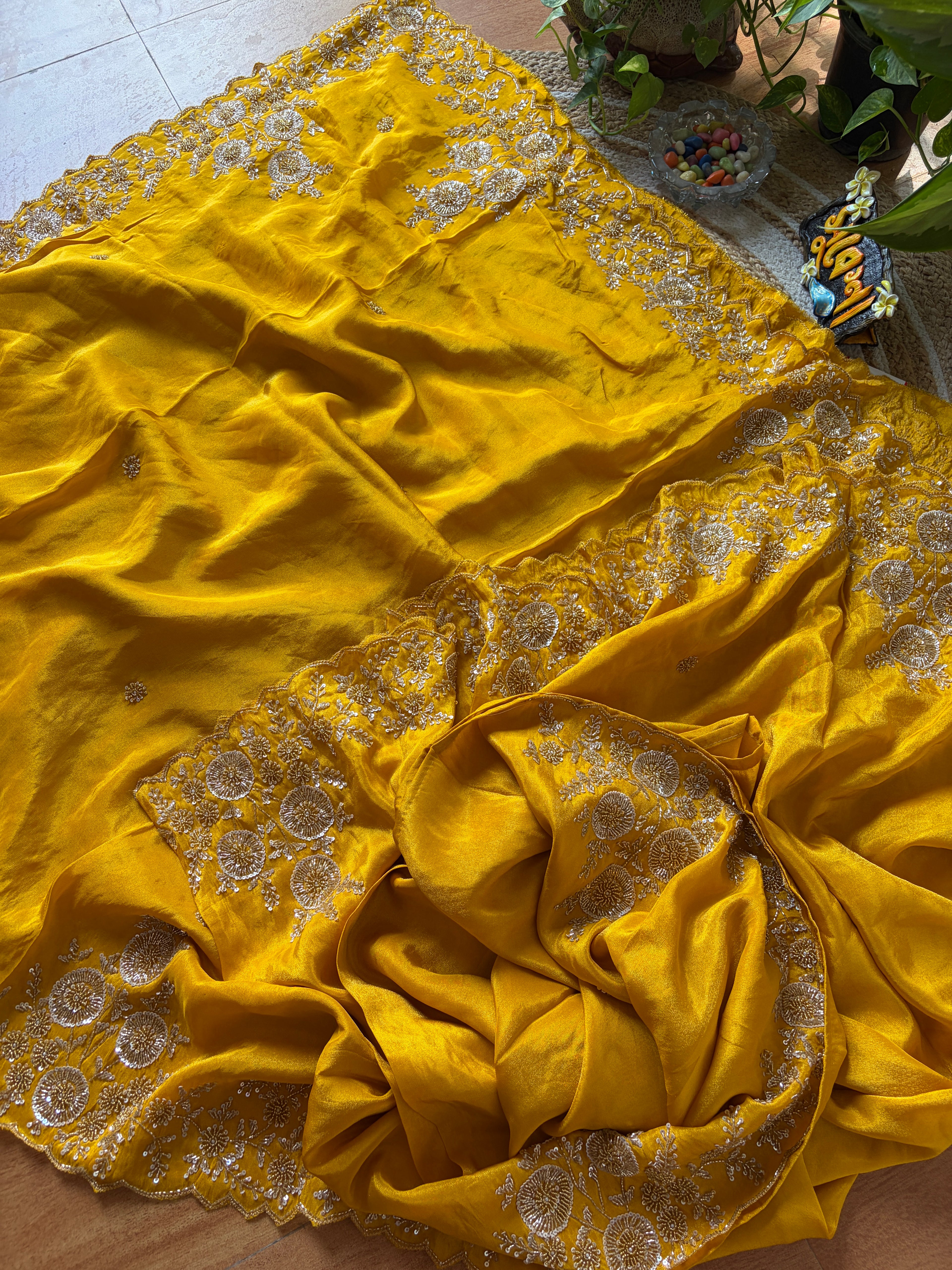 Pure Tissue Zardosi Handwork - Yellow
