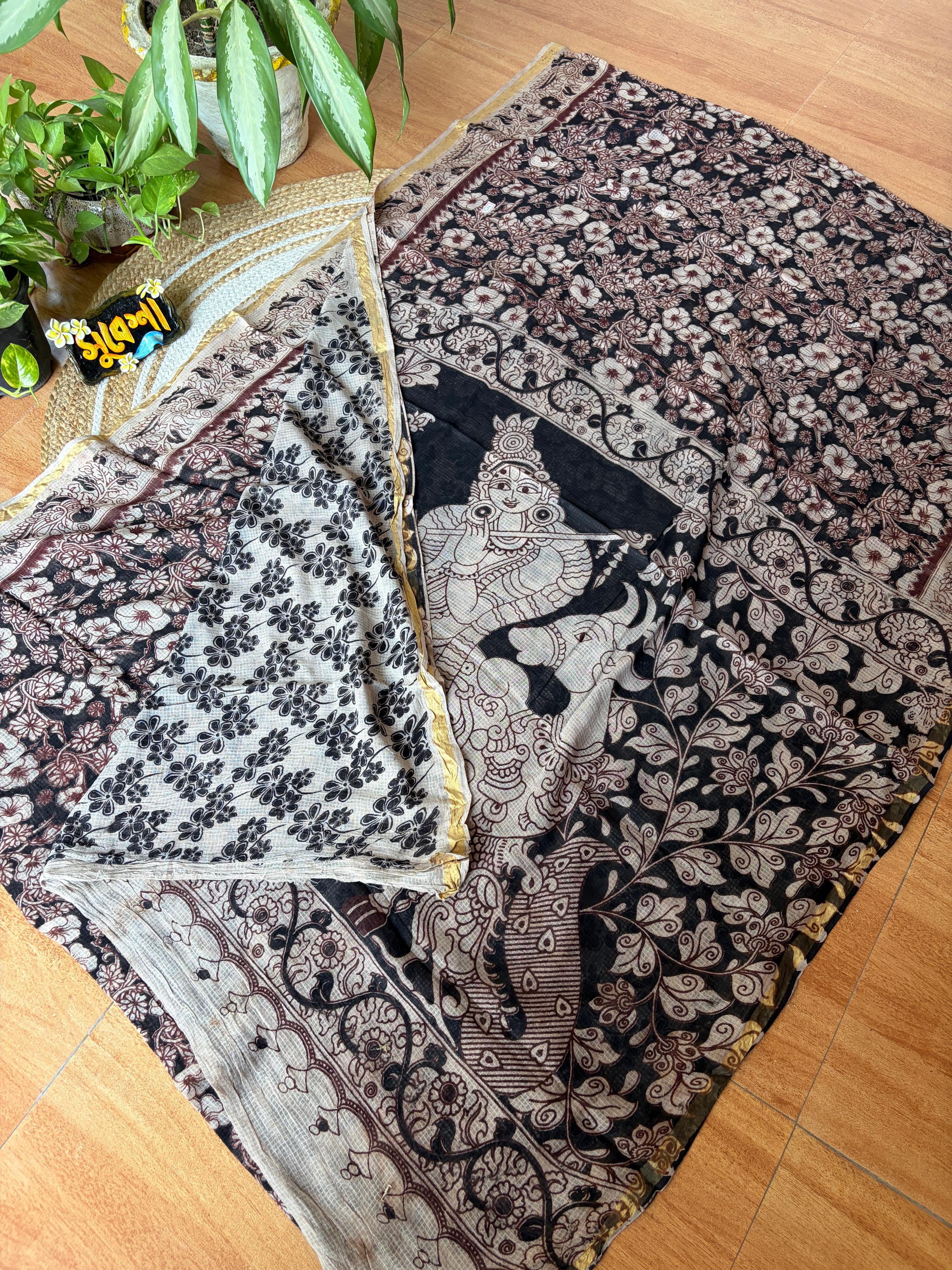 Kota Kalamkari Cotton Saree – Monochrome Narrative Pallu in Black & Beige