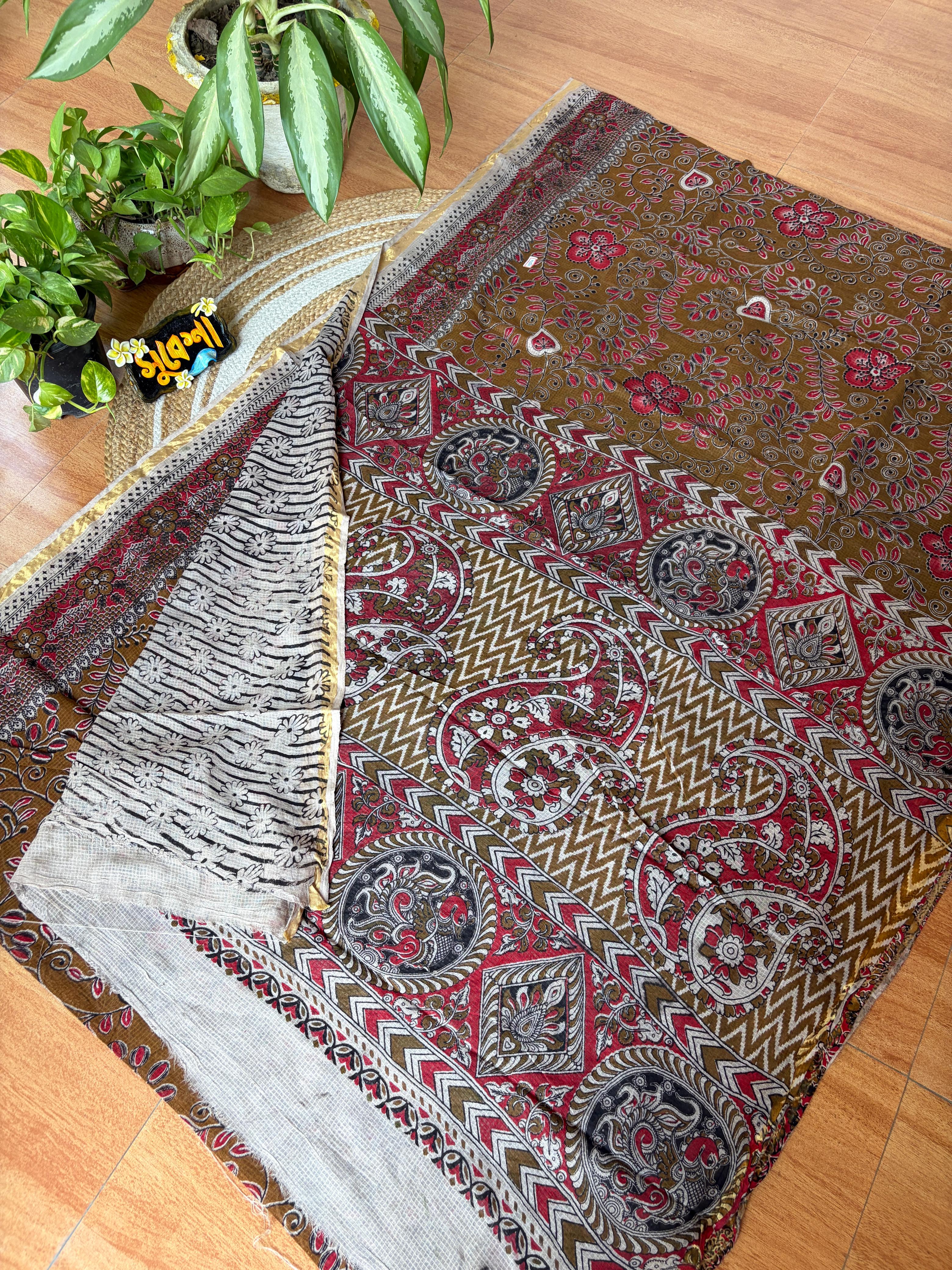 Kota Kalamkari Cotton Saree – illustrative pallu in Rust & Black