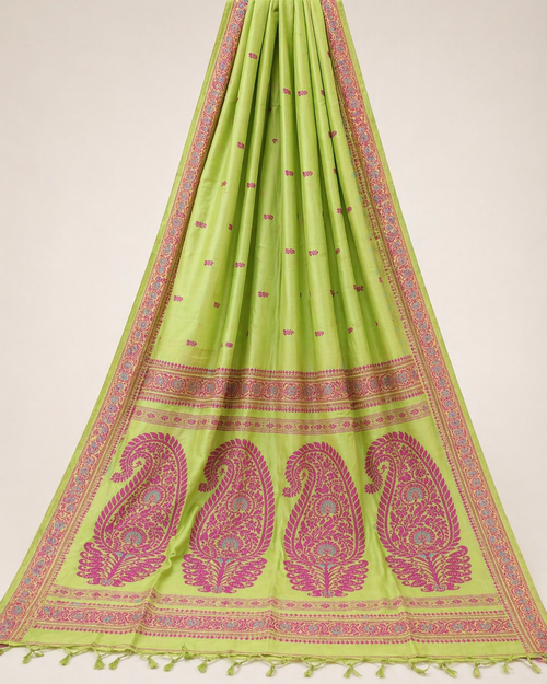 Baluchari Cotton saree - Lime-Green