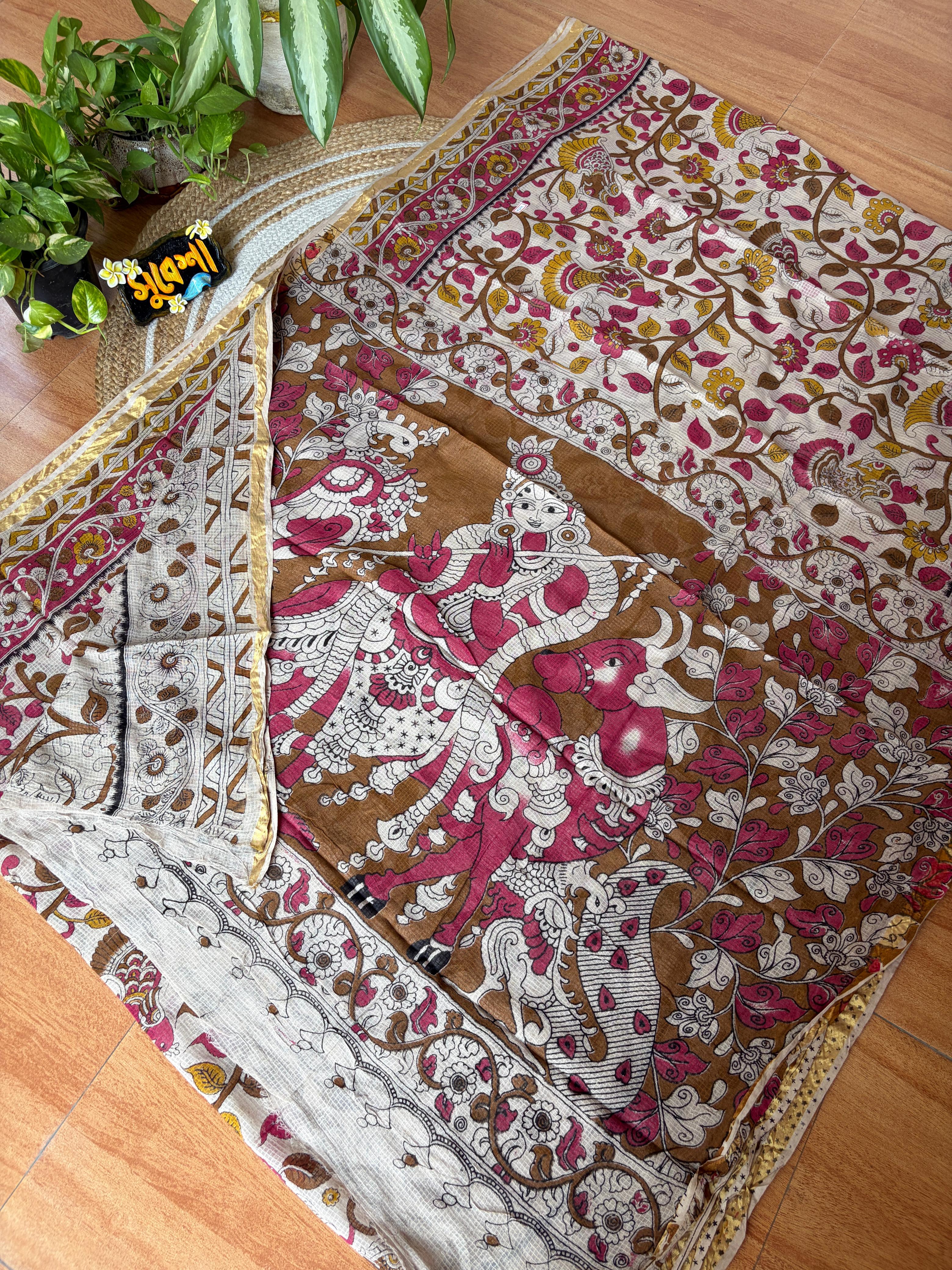 Kota Kalamkari Cotton Saree – Rustic Brown Narrative Pallu with Floral Elegance