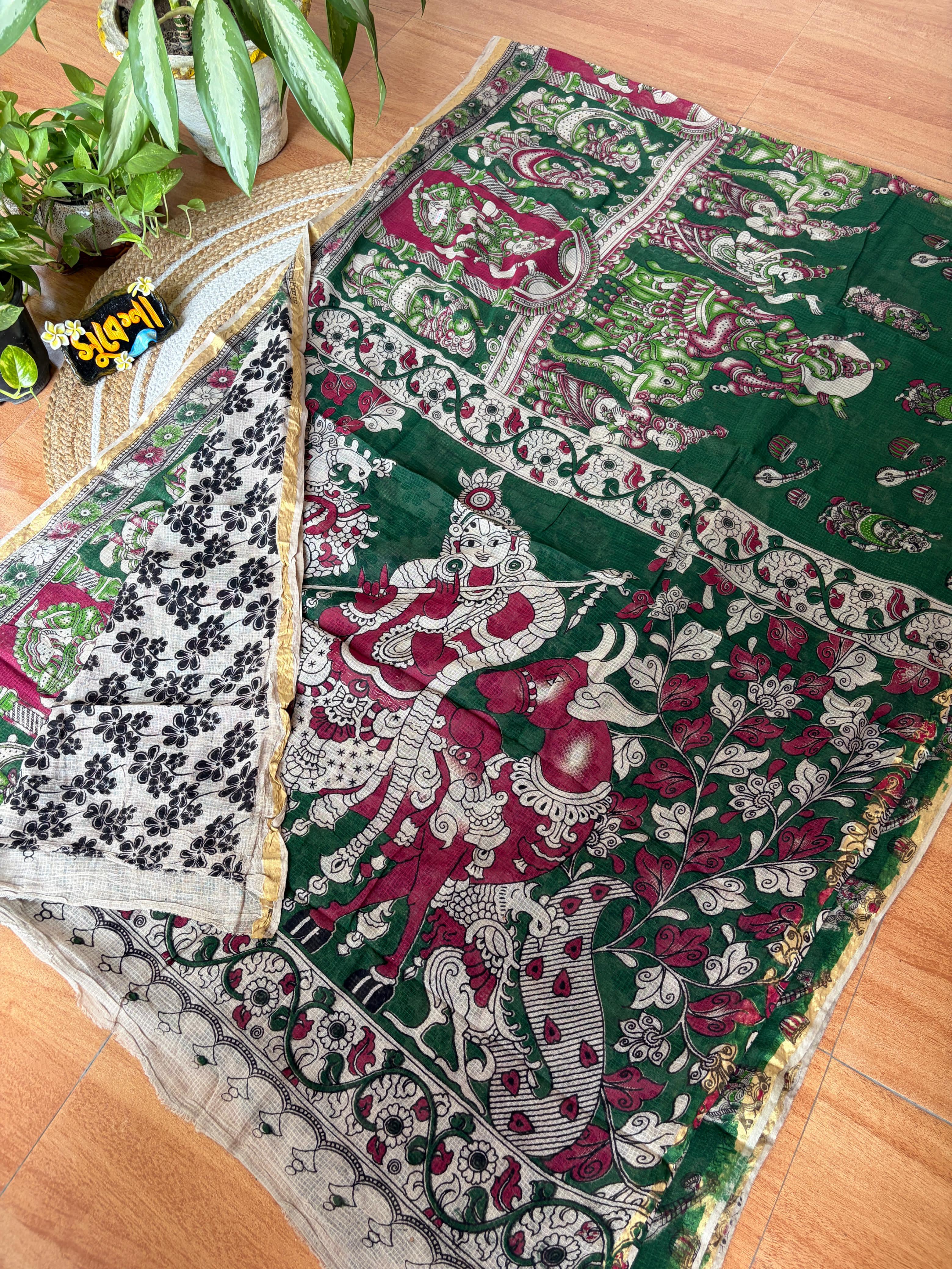 Kota Kalamkari Cotton Saree – Emerald Green Narrative Pallu with Mythological Art