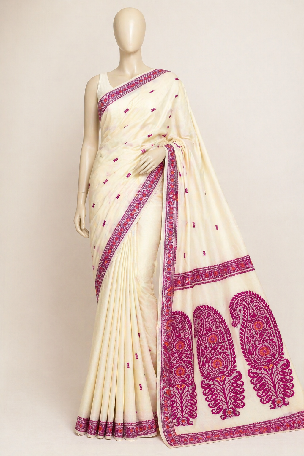Baluchari Cotton Saree - White/ Cream