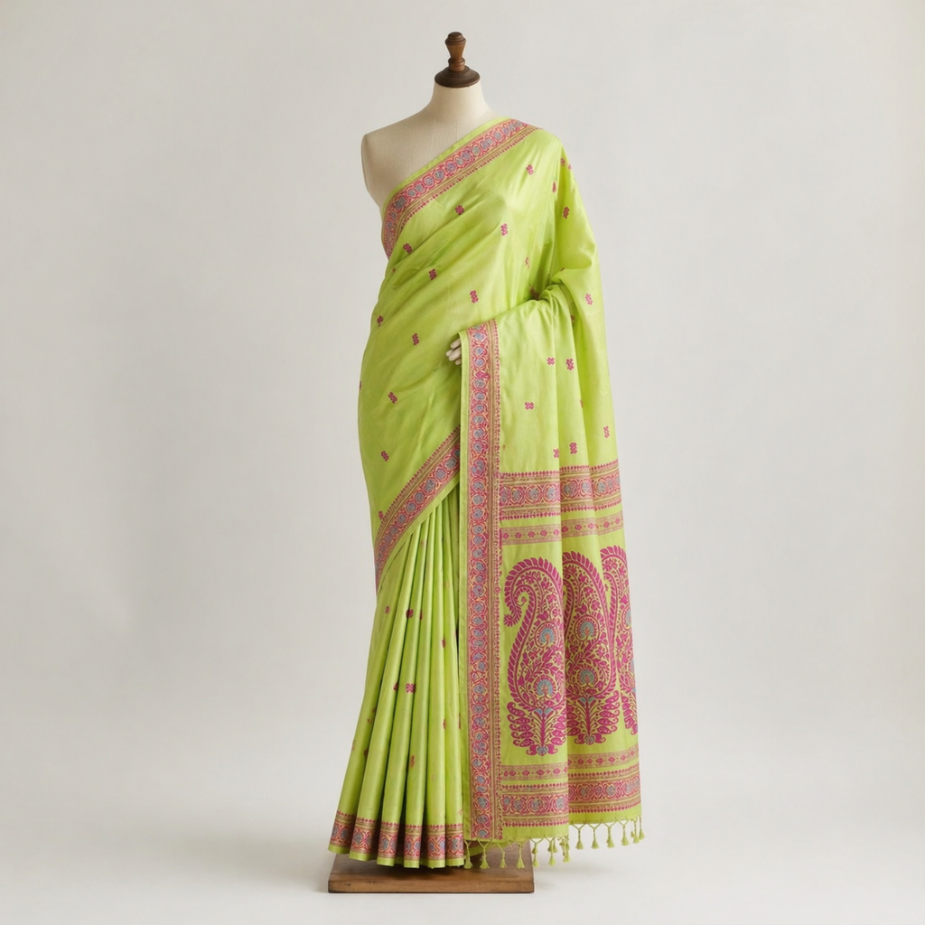 Baluchari Cotton saree - Lime-Green