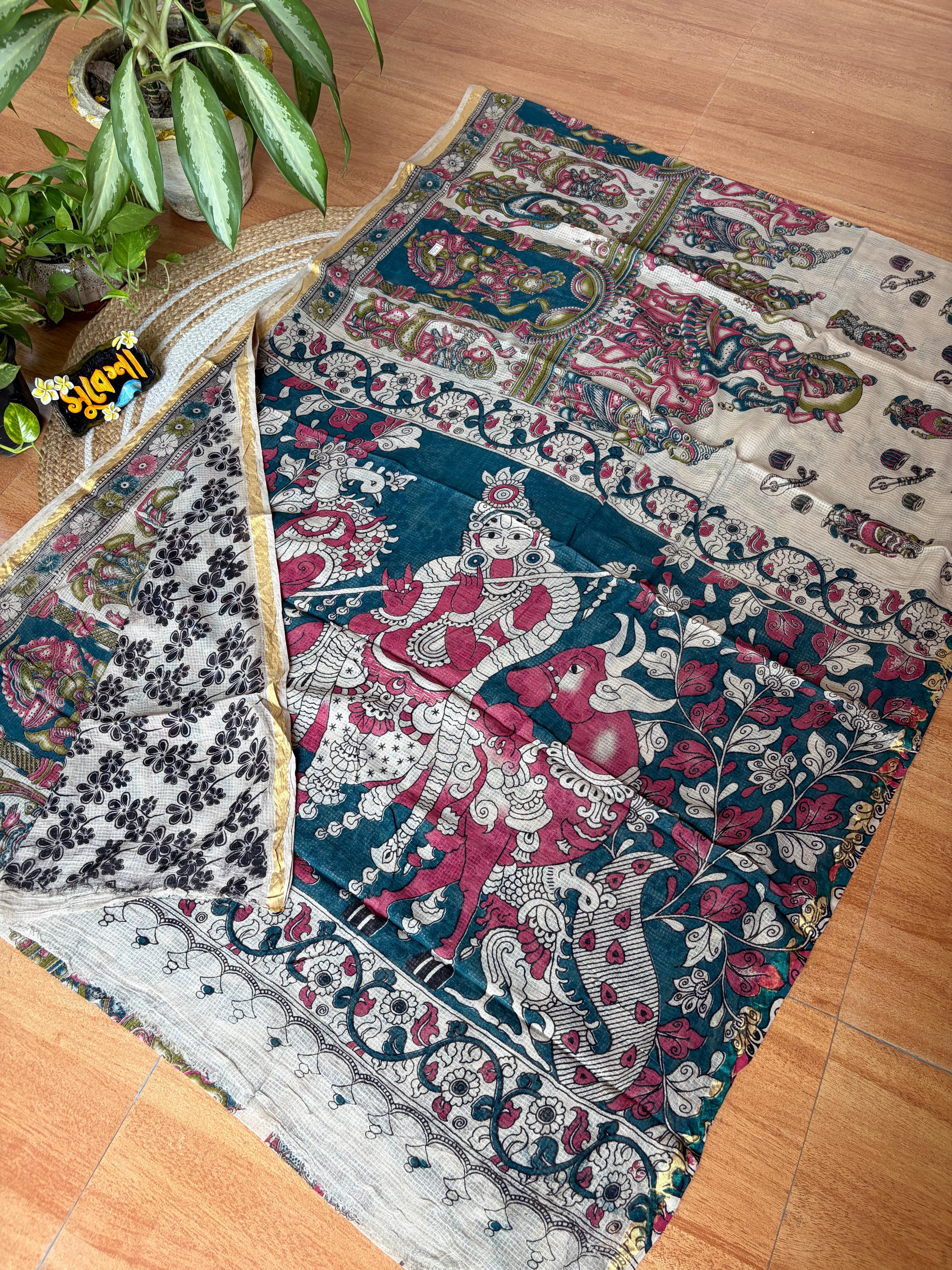 Kota Kalamkari Cotton Saree – Teal & Beige Mythological Pallu with Floral Body